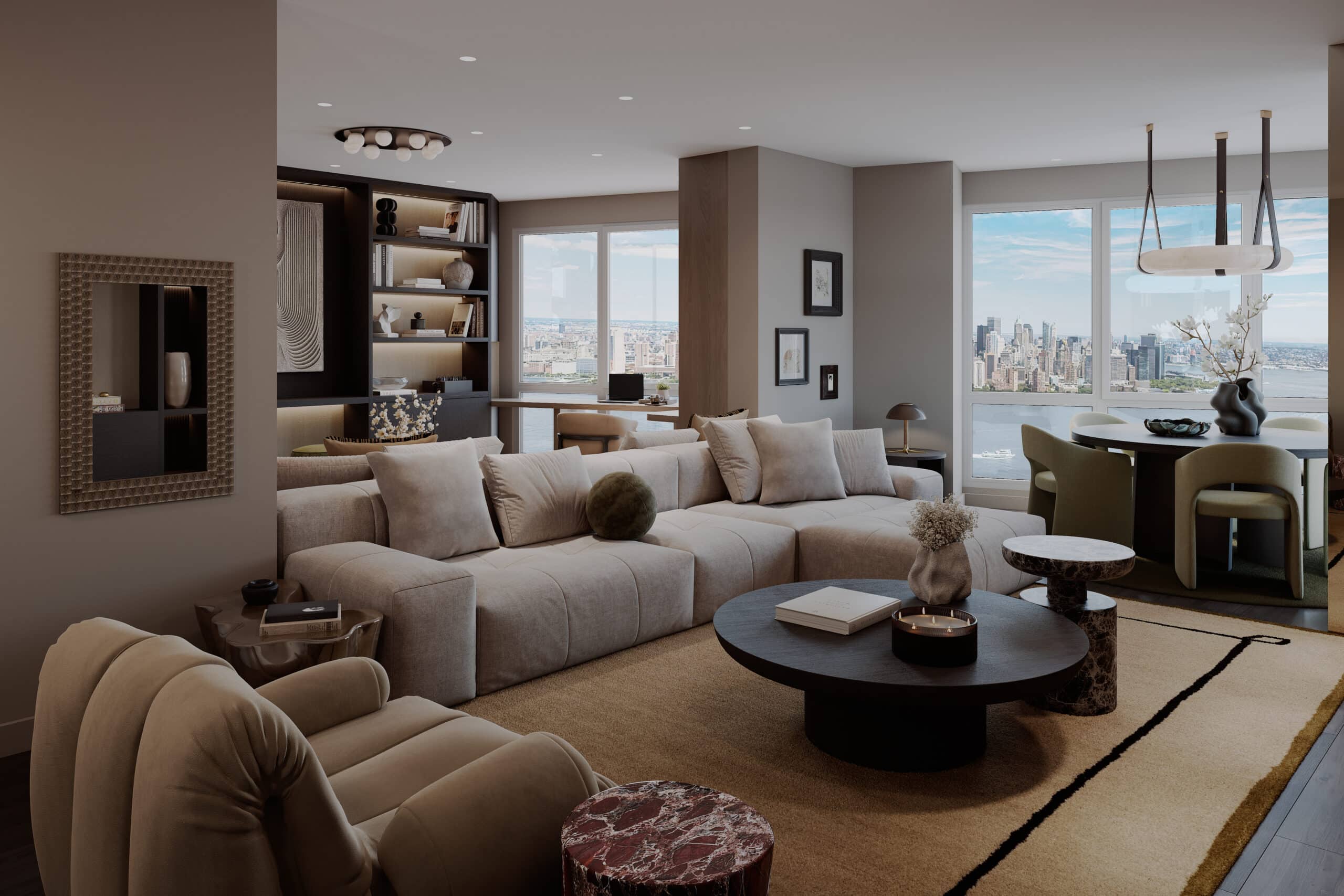 Living Room with custom built in shleving and modern furnishing in Jersey City premium waterfront, Luxury Interior Design by KMG Interiors