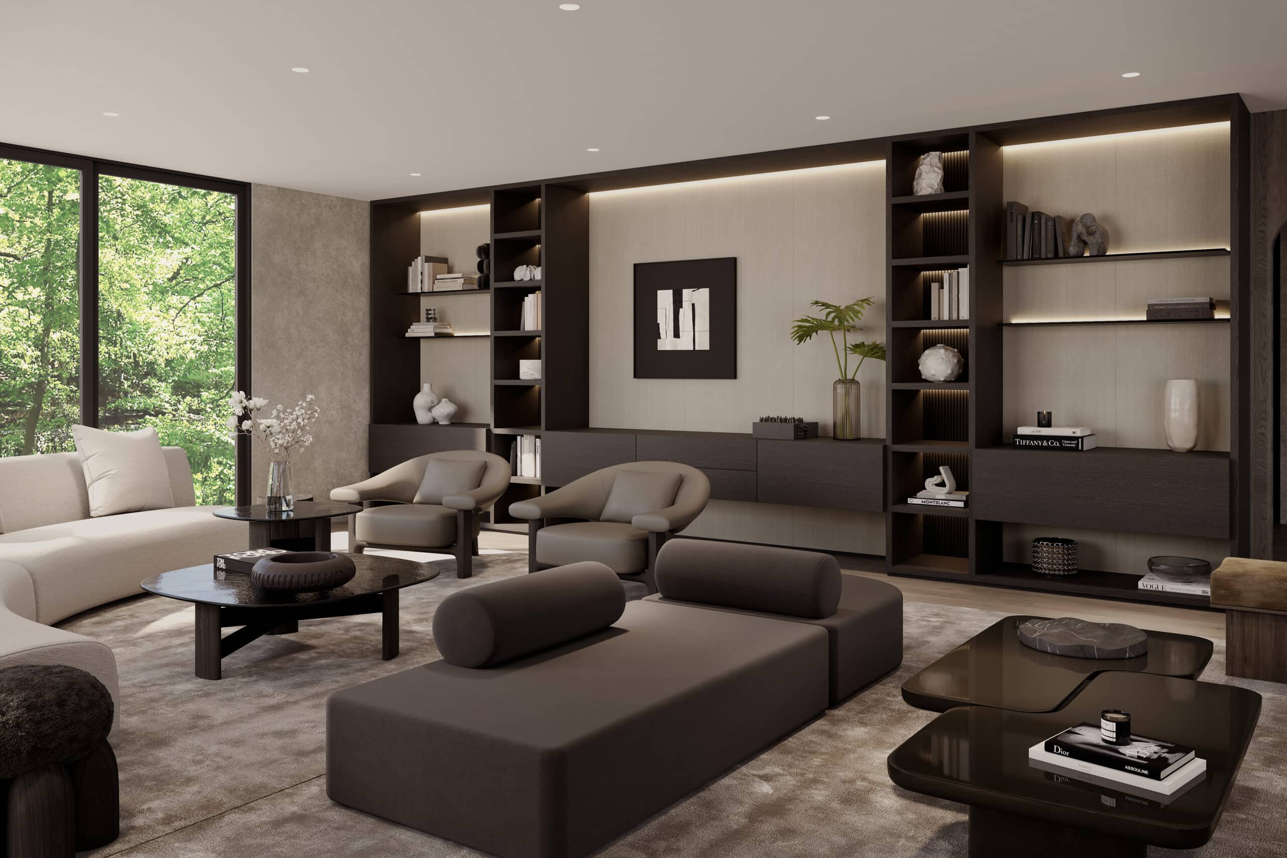 Living room with custom built-in shelving and modern furnishings in an Upstate NY home, luxury interior design by KMG Interiors