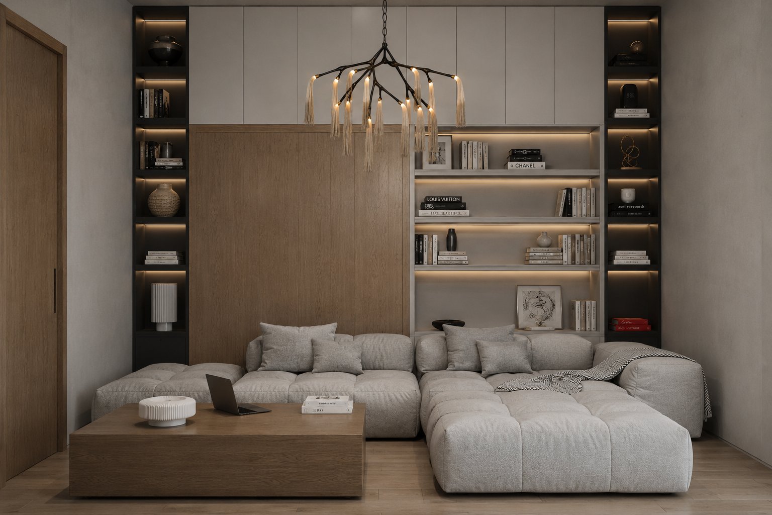 Family room with custom built-in cabinetry concealing a Murphy bed, serving as study, TV room, and guest room