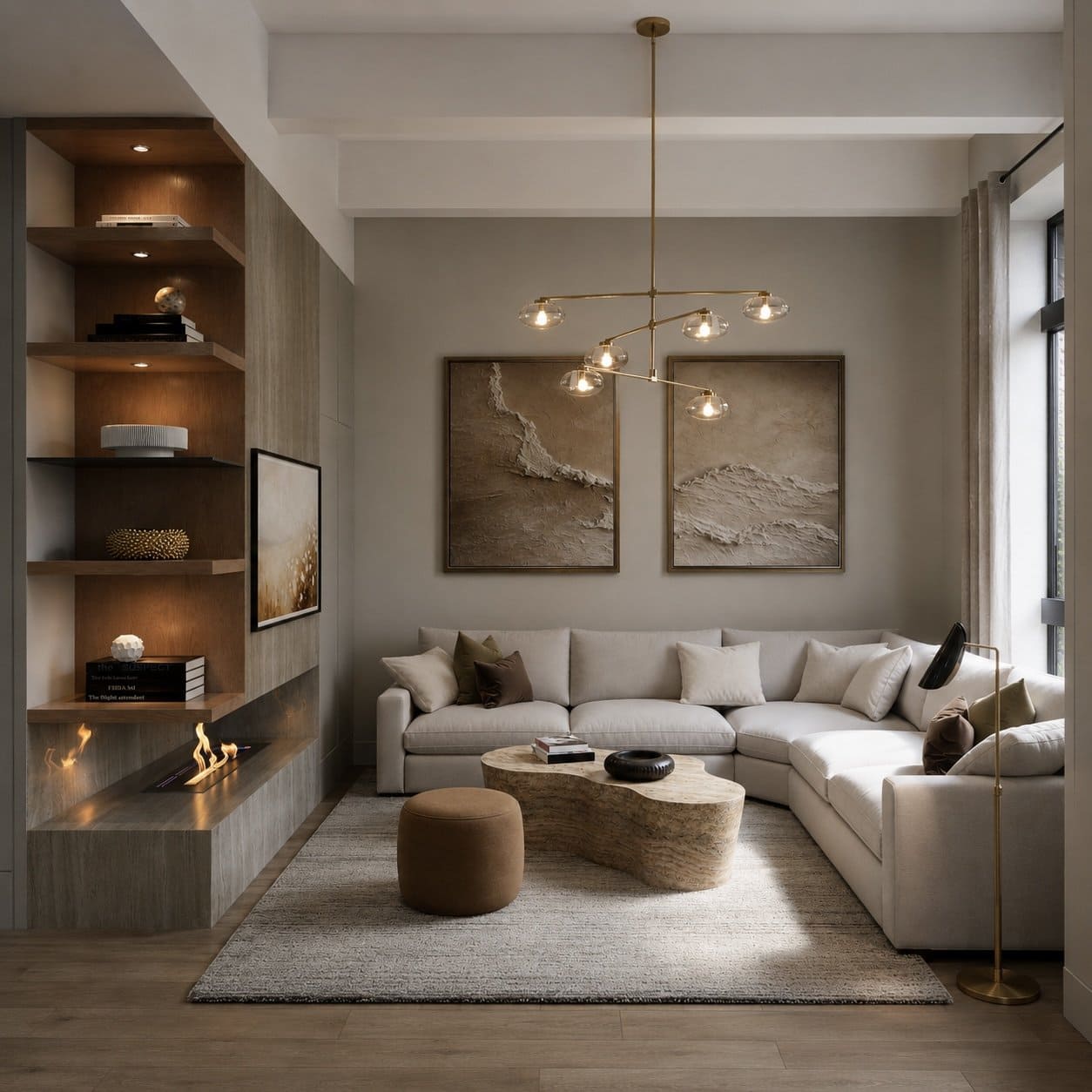 Living room of the Garden Street loft in Hoboken with travertine fireplace wall, custom built-in shelving, and layered brass lighting