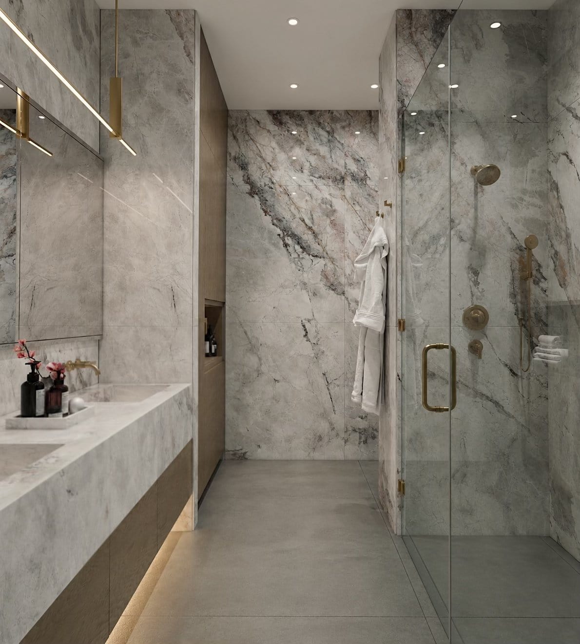 Marble master bathroom in a Garden Street Hoboken loft designed by KMG Interiors