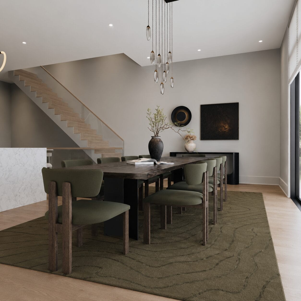 Dining room with organic materials and designer furnishings in a waterfront Edgewater NJ home, luxury interior design by KMG Interiors