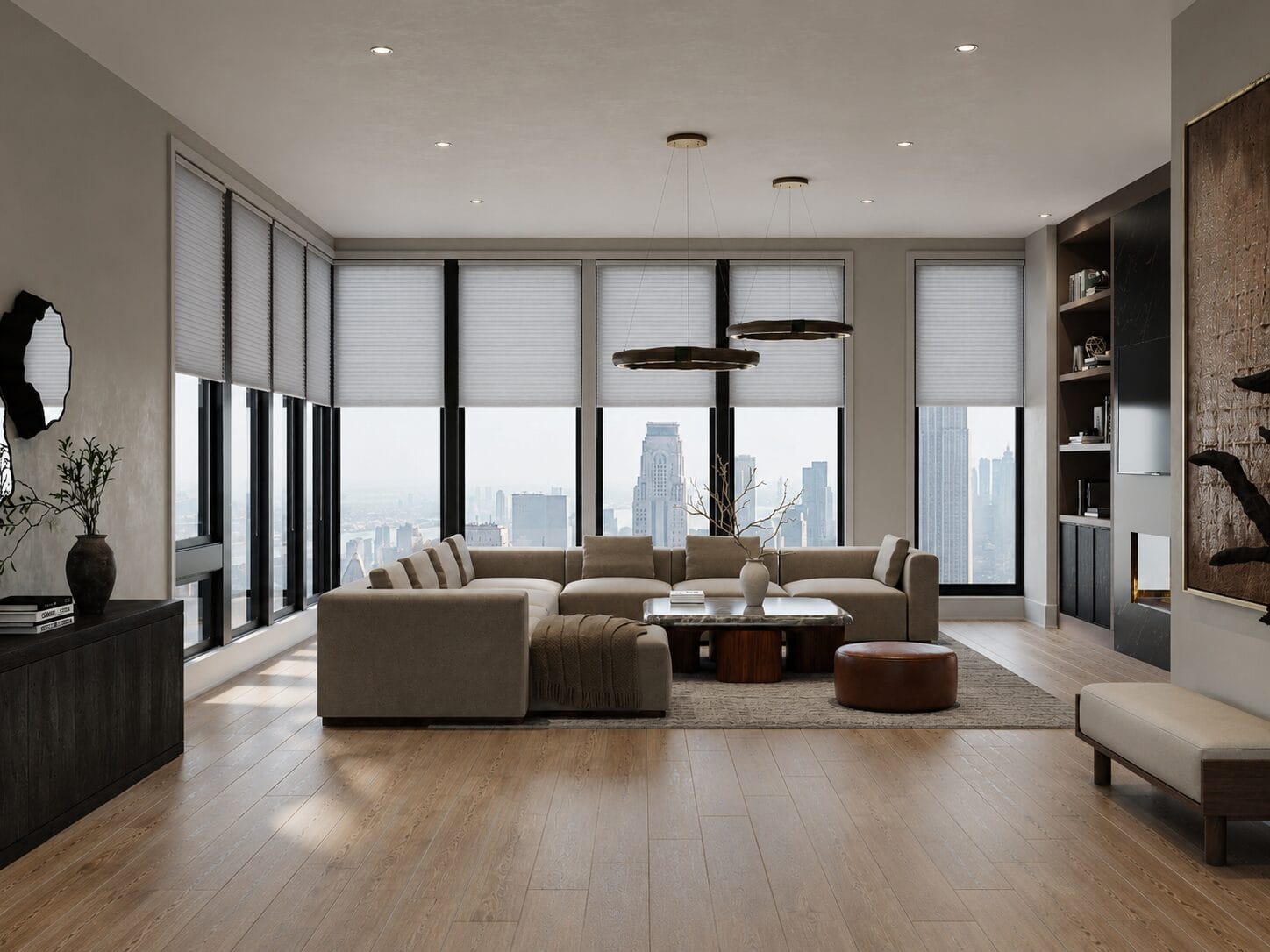 Living room with warm curated palette and designer pieces in an Edgewater NJ residence, luxury interior design by KMG Interiors
