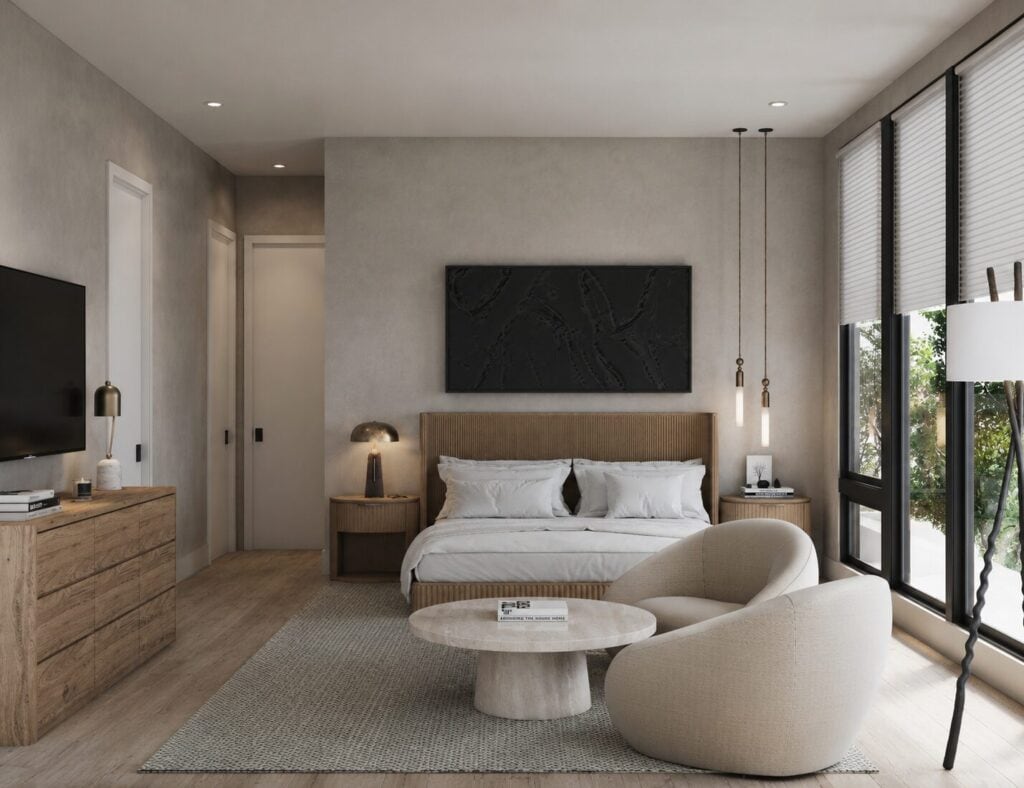 Primary bedroom with layered textures and warm neutral palette in an Edgewater NJ home, luxury interior design by KMG Interiors