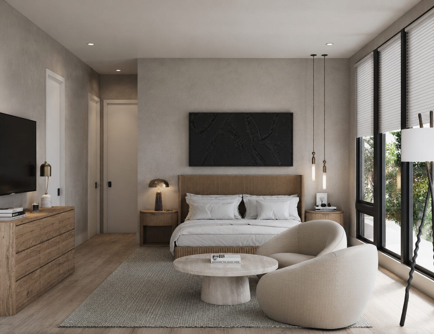 Primary bedroom with layered textures and warm neutral palette in an Edgewater NJ home, luxury interior design by KMG Interiors