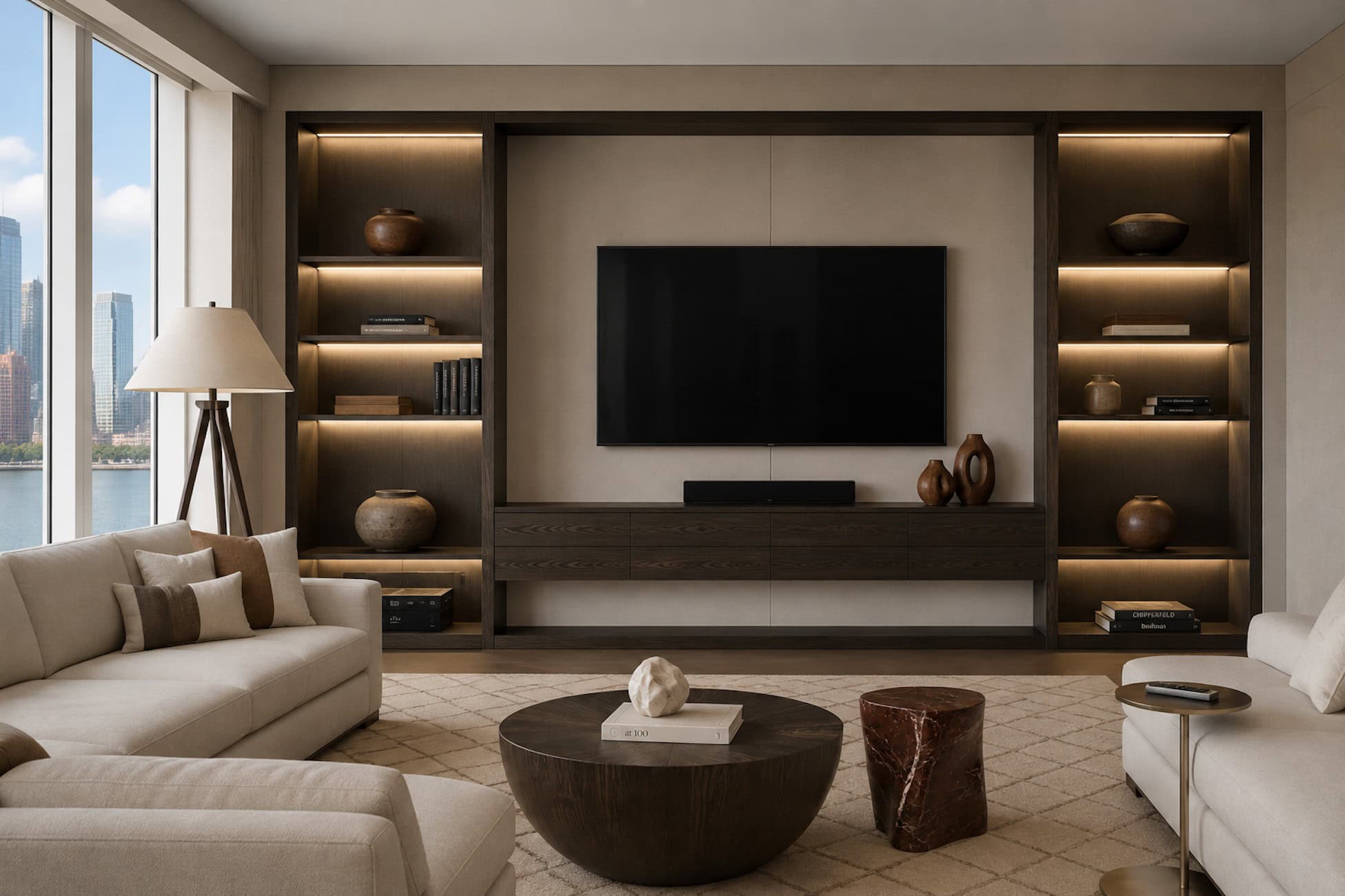 Living room with a dark oak media wall, lit shelving and water views in a Brooklyn waterfront tower.