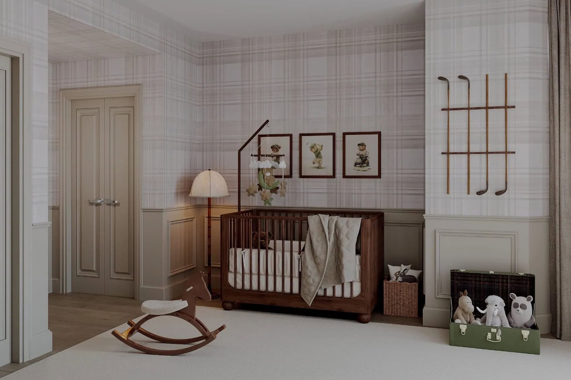 Nursery with a walnut spindle crib, plaid wallpaper and vintage golf prints in a Hoboken waterfront condo.