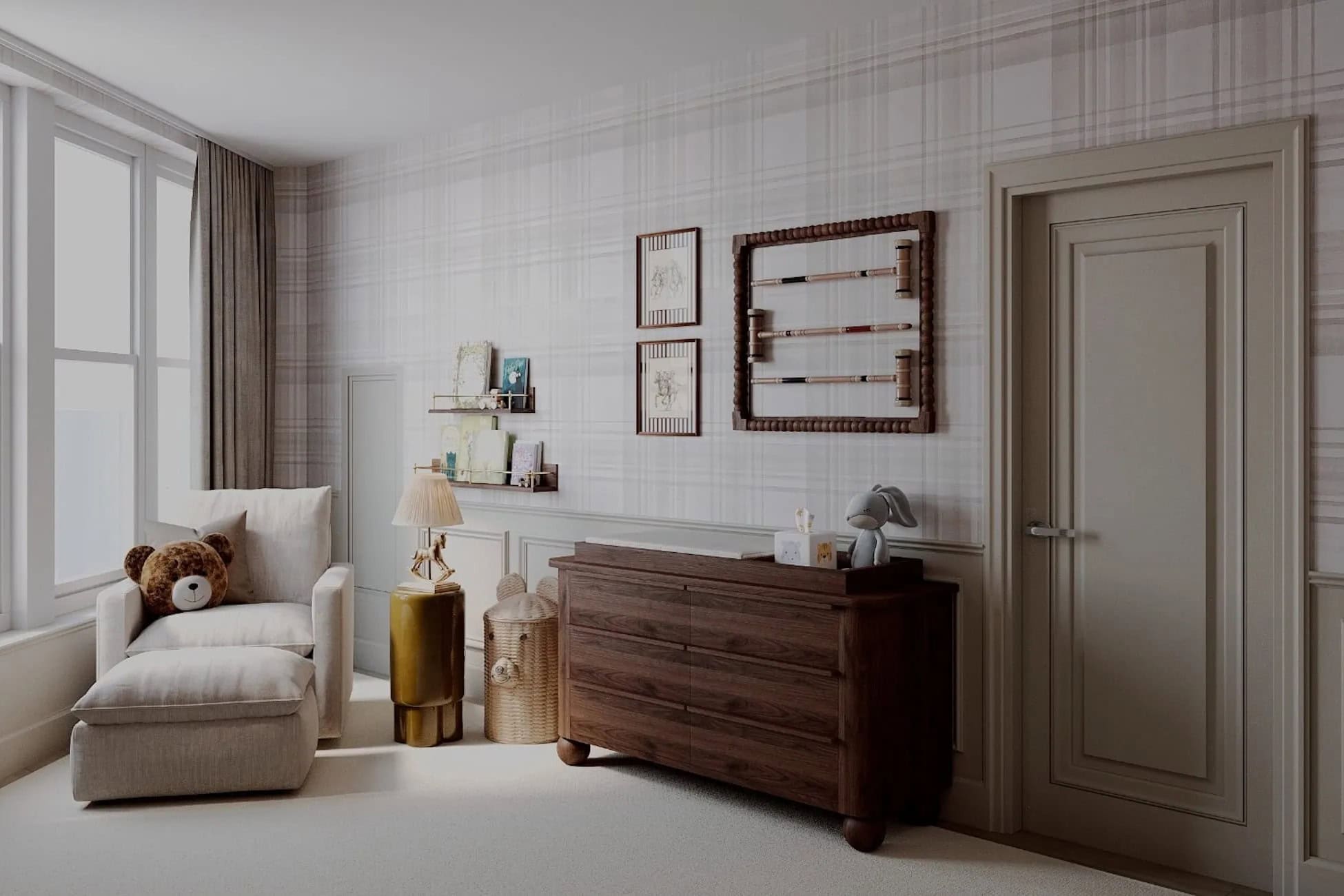 Nursery with plaid wallpaper, a walnut dresser and an upholstered glider in a Hoboken waterfront condo.