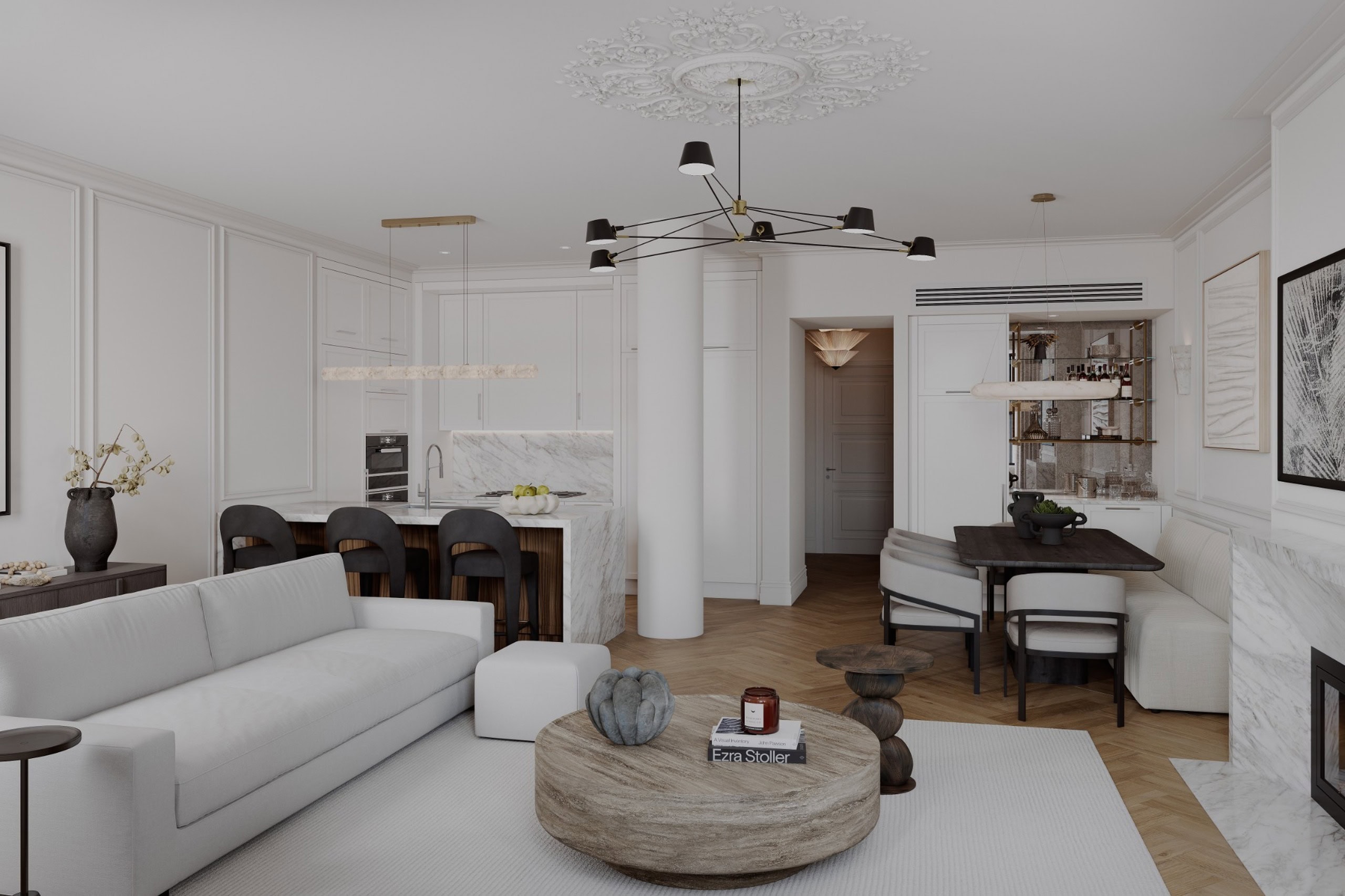 White kitchen with a marble waterfall island, mirrored bar and dining banquette in an Upper West Side apartment.