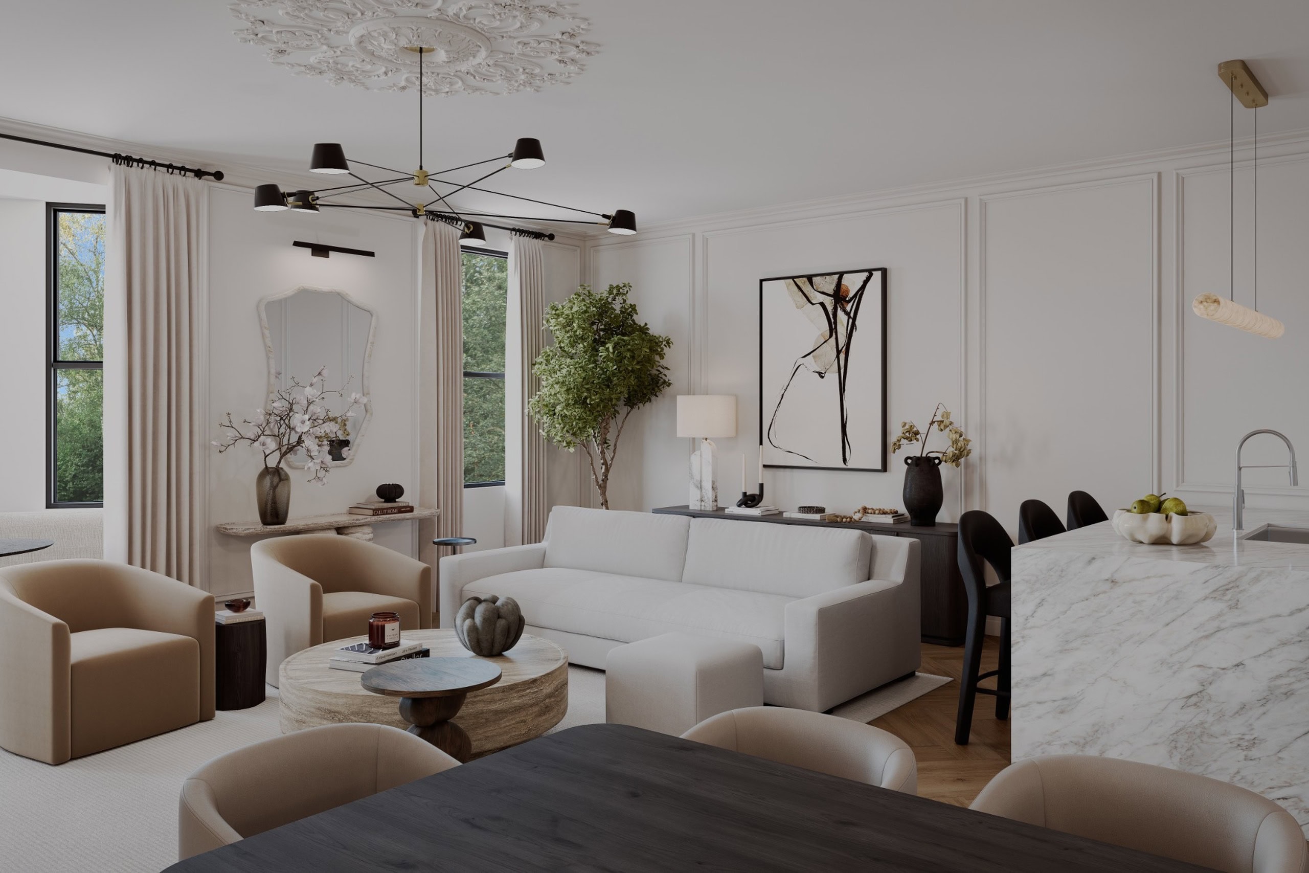Living room with paneled walls, an arched mirror and a black and brass chandelier in an Upper West Side apartment.