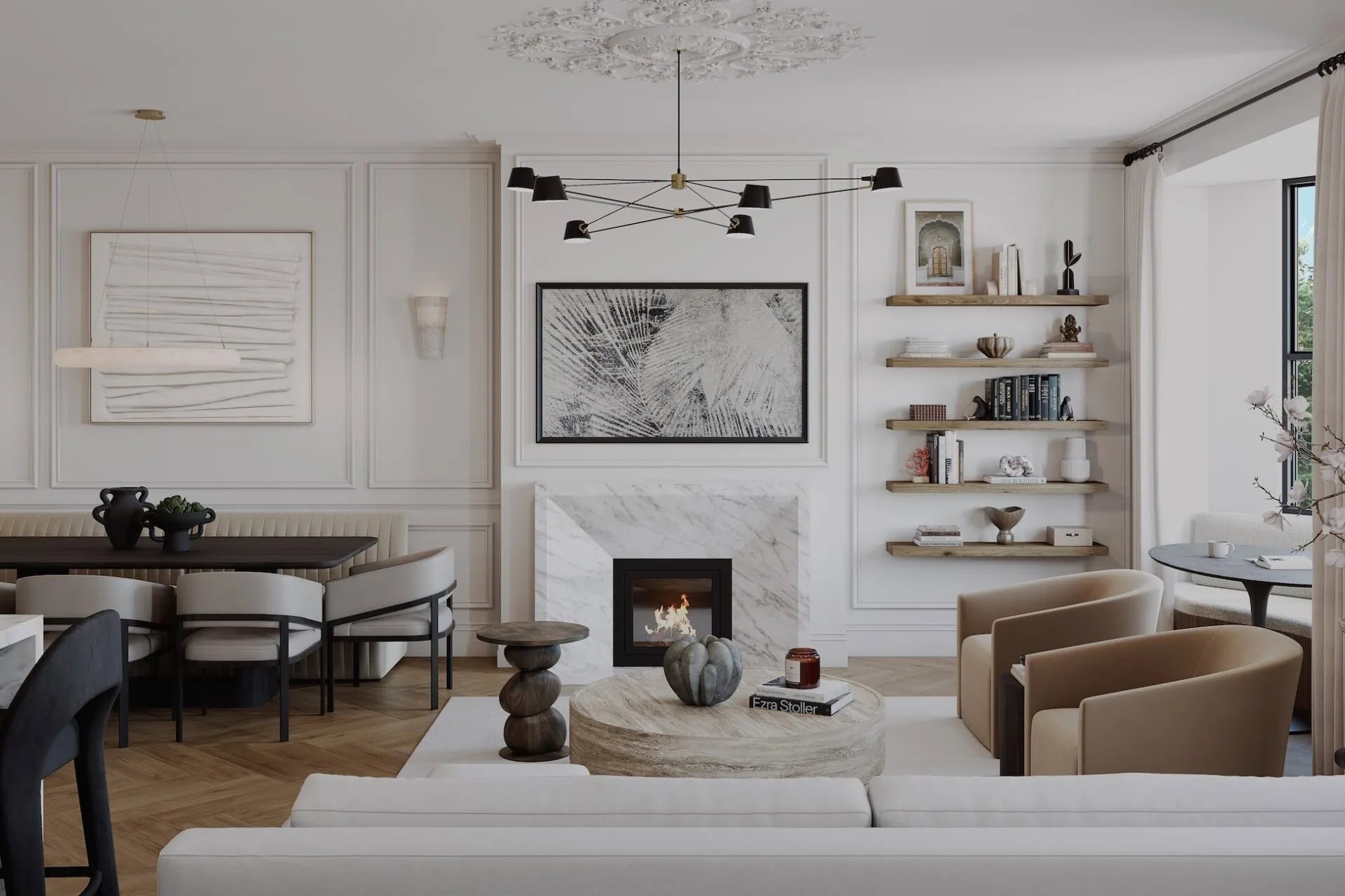 Marble fireplace, oak shelving and herringbone floors in an open-plan Upper West Side living and dining room.