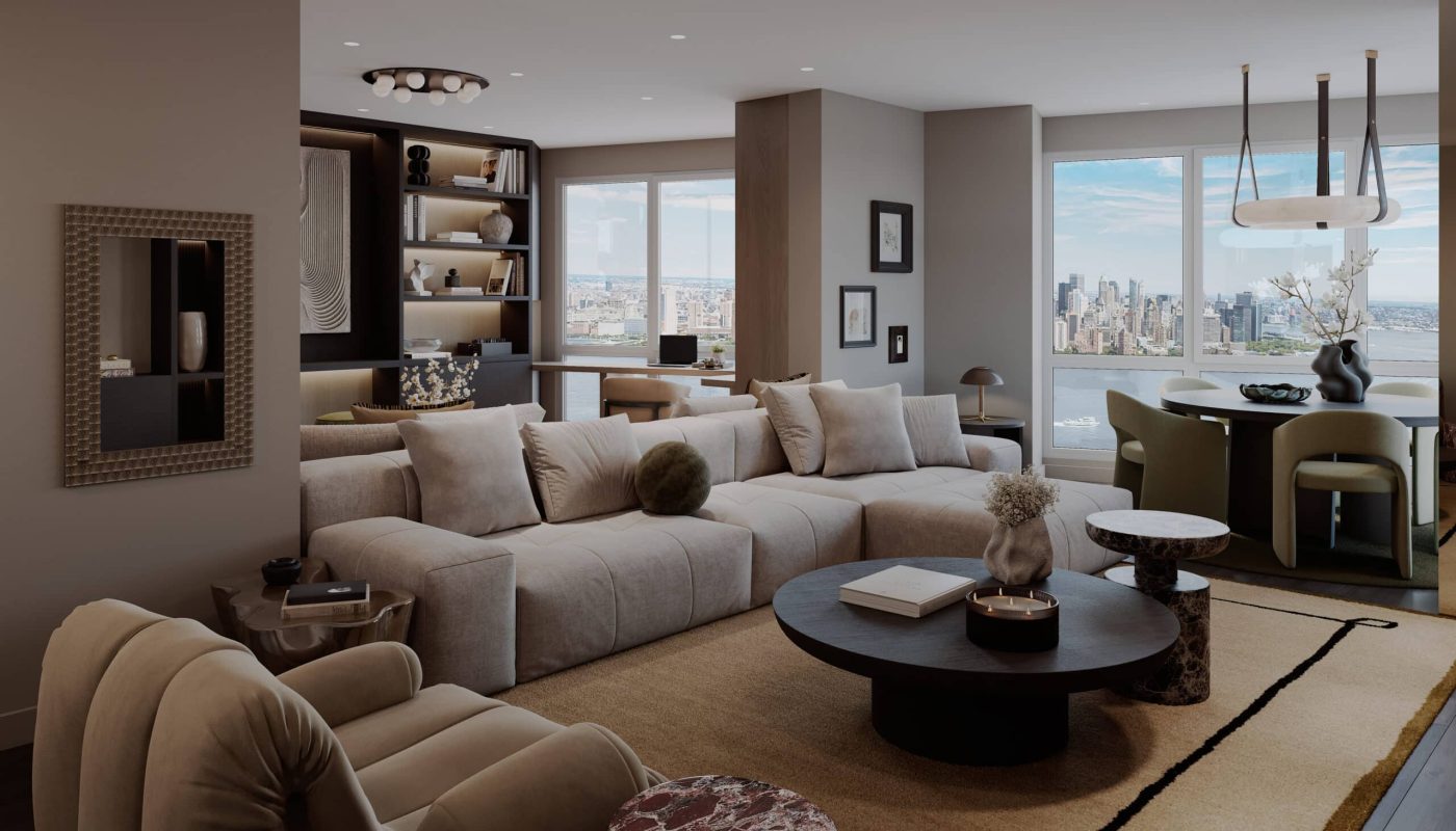 Living Room with custom built in shleving and modern furnishing in Jersey City premium waterfront, Luxury Interior Design by KMG Interiors