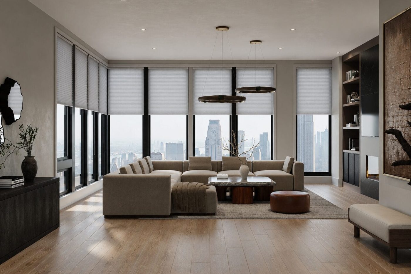 Living room with warm curated palette and designer pieces in an Edgewater NJ residence, luxury interior design by KMG Interiors